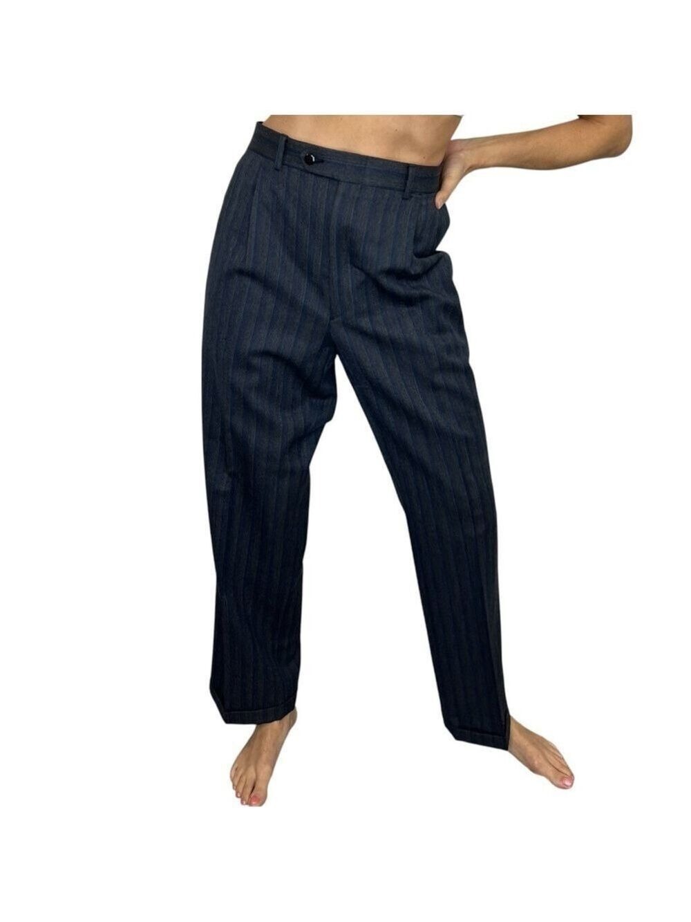Grey blue green stripe tailored pleated wide leg high rise menswear trousers 34